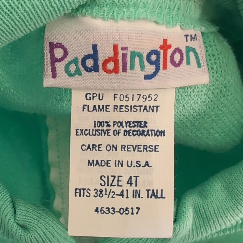 Vintage Children's Size 4T Paddington Bear Teal Footed Zip Up Pajamas